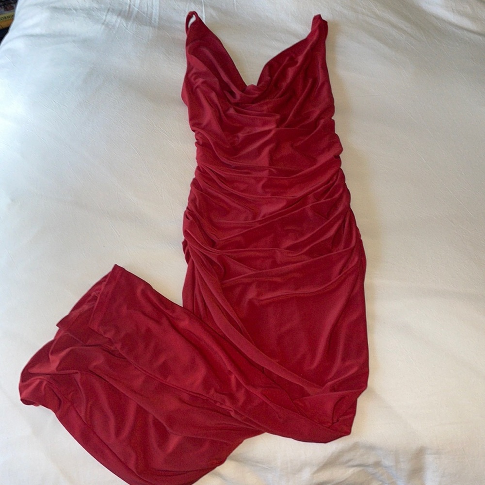 Zara red dress cowl neck fitted dress